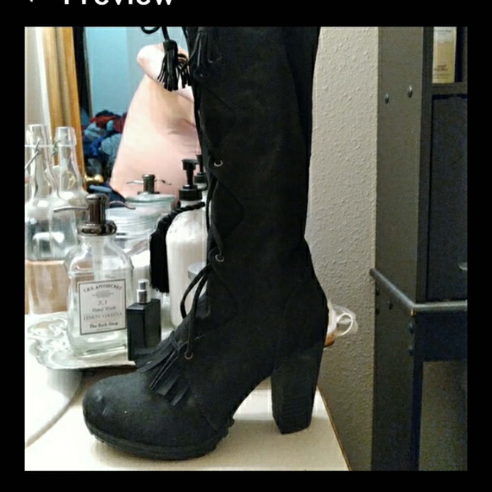 Black suede knee high boots with heels